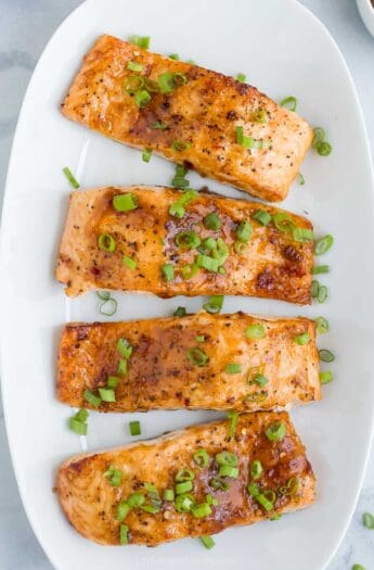 Overhead view of sweet chili salmon on platter