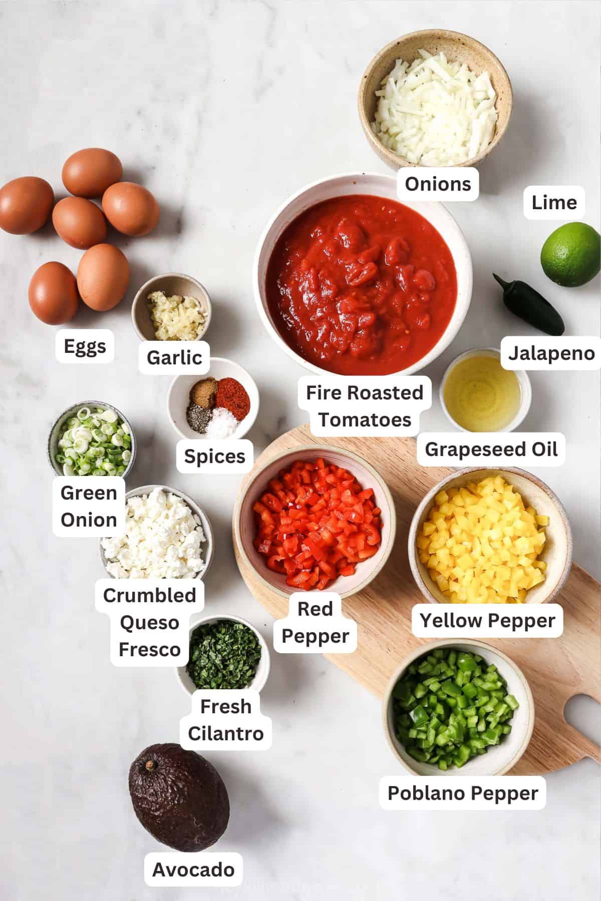 Labeled ingredients for making shakshuka.