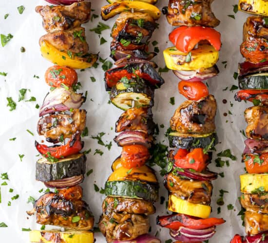 overhead photo of the best ever balsamic grilled chicken kabobs lying on a table