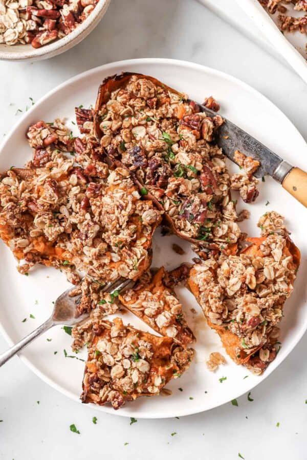 Digging into some fluffy sweet potatoes with homemade oat-cinnamon streusel on top.