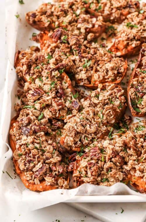 Twice baked sweet potatoes with smokey oat streusel on top.