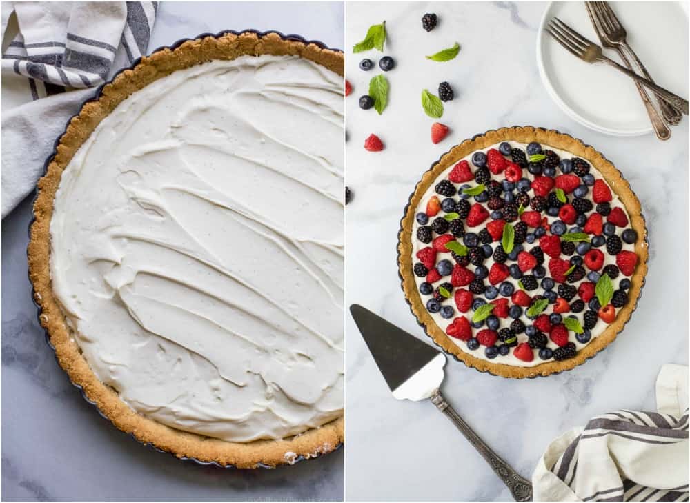 Images of a tart filled with a creamy greek yogurt cheesecake filling and an Almond Crust and a tart topped with fresh berries