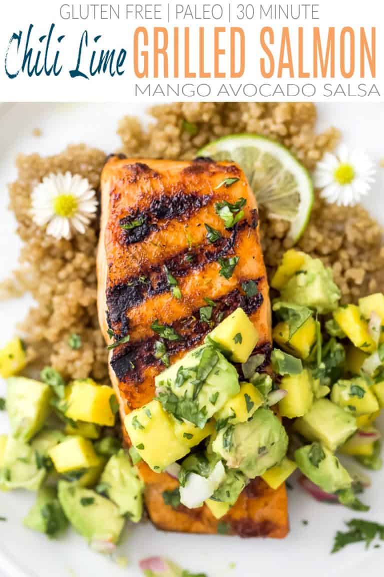 Chili Lime Salmon with Mango Avocado Salsa | Joyful Healthy Eats