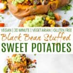 imagen de pinterest para batatas rellenas de frijoles negros veganos fáciles