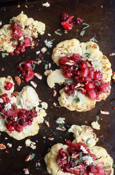 vegan roasted cauliflower steaks with cranberry apple chutney