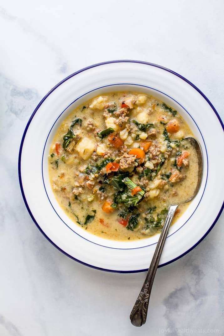 A hearty bowl of freshly-made Italian-style zuppa toscana.