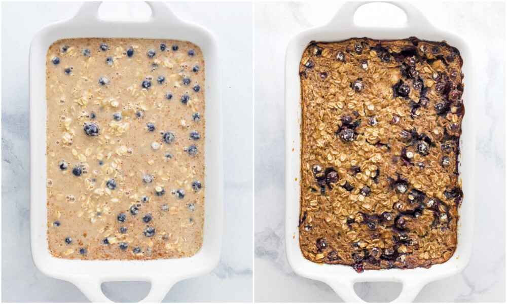 Two pans of banana blueberry baked oatmeal - one before cooking and one after