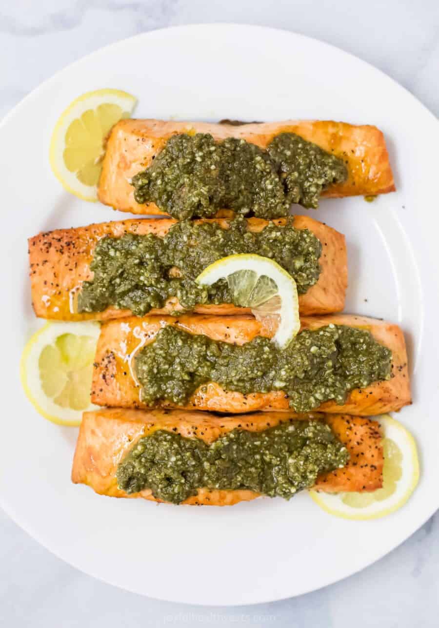 Air Fryer Pesto Salmon Recipe | Joyful Healthy Eats