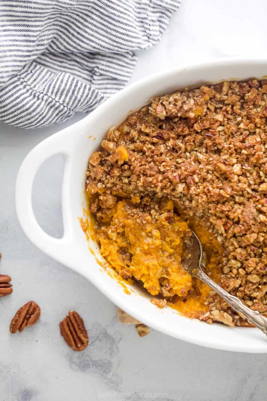 Sweet Potato Casserole with Crunchy Pecan Streusel | Joyful Healthy Eats