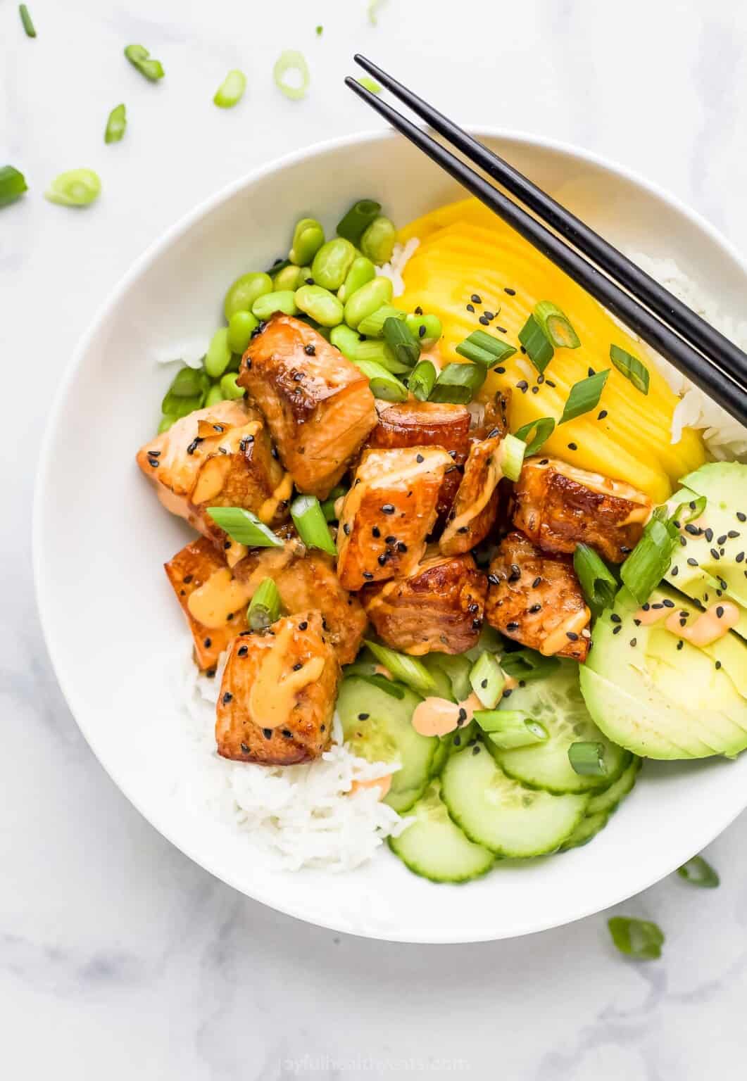 Fresh Salmon Poke Bowl with Spicy Mayo | Joyful Healthy Eats