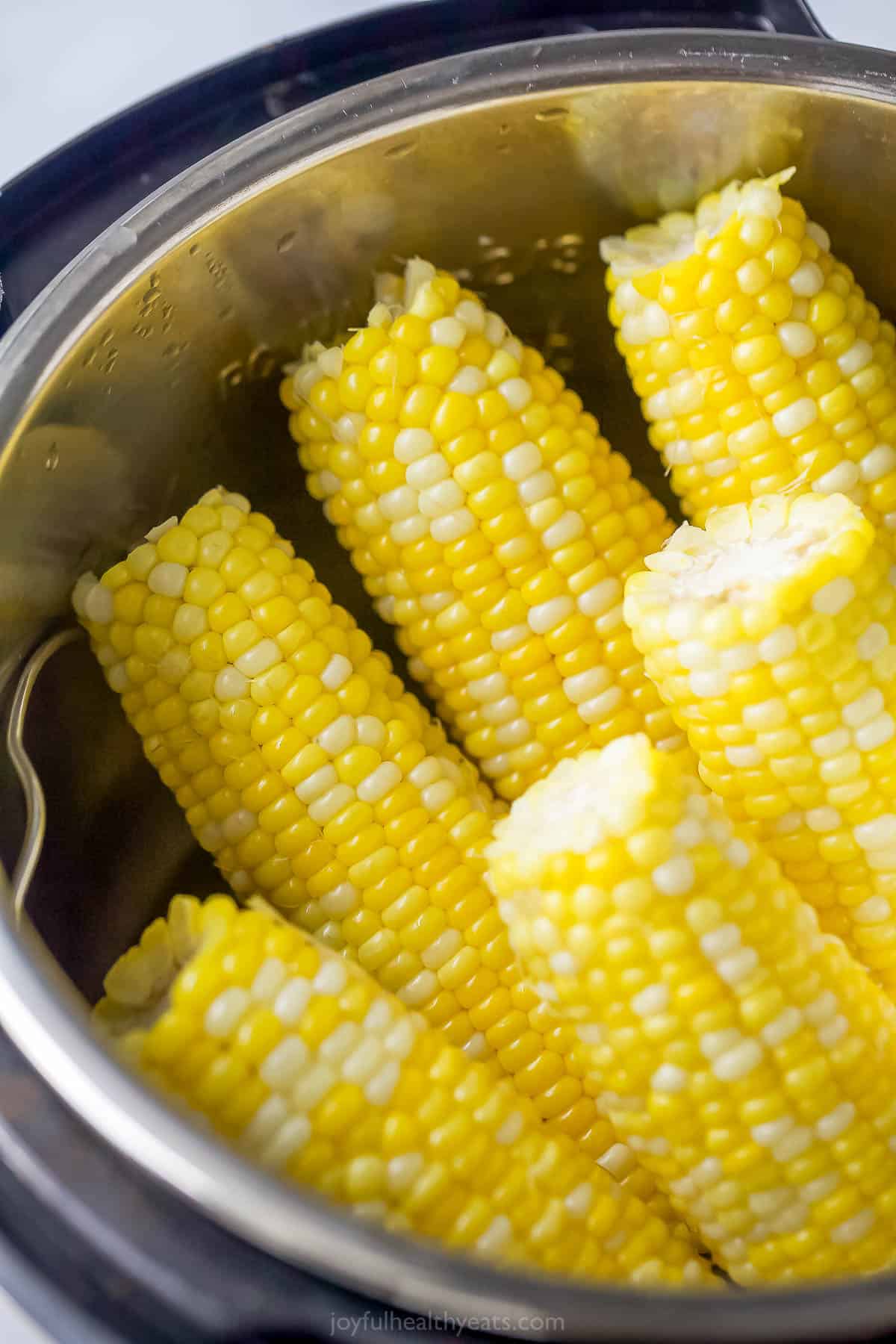 Six ears of freshly cooked corn inside of an Instant Pot