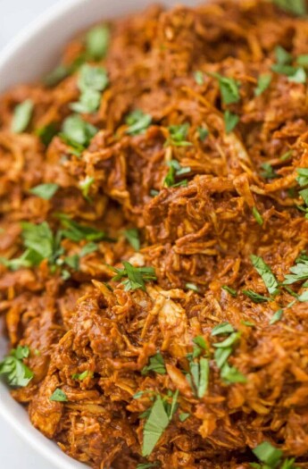 shredded chicken tossed in a dark red mole sauce topped with fresh herbs