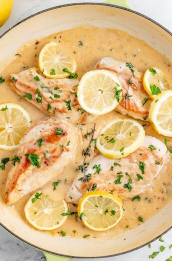 Lemon chicken in the pan.