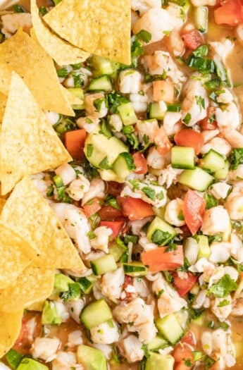 Close-up of ceviche de camaron with tortilla chips.