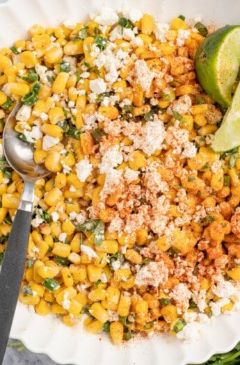 Elote dip in a bowl.