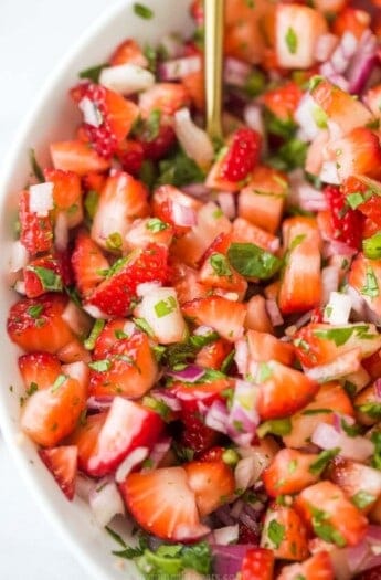 Close-up of fresh strawberry salsa.