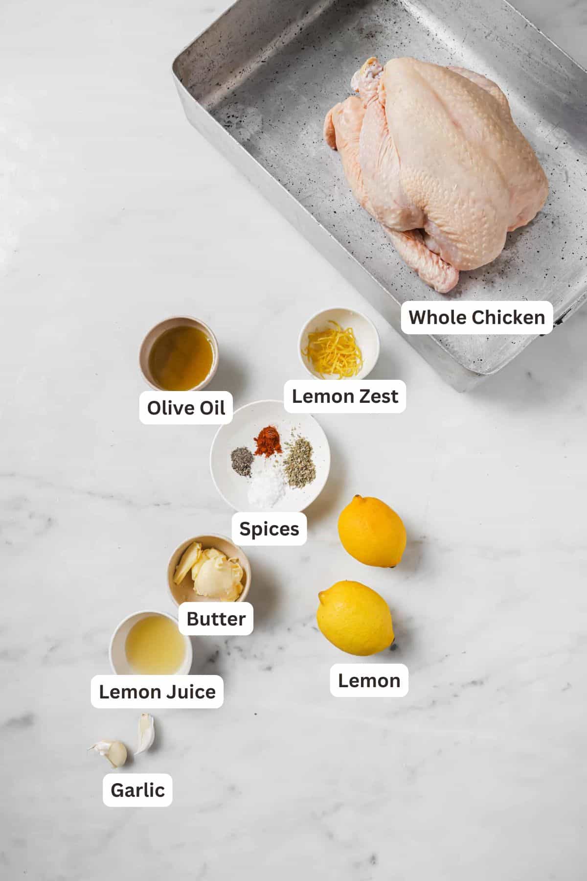 Ingredients for Oven Roasted Chicken with Lemon Garlic Butter.