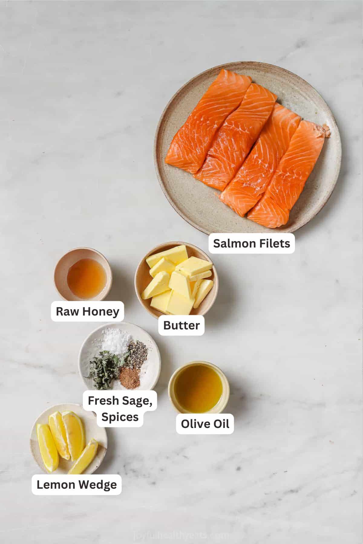 Ingredients for Pan Seared Salmon with Sage Brown Butter Sauce.