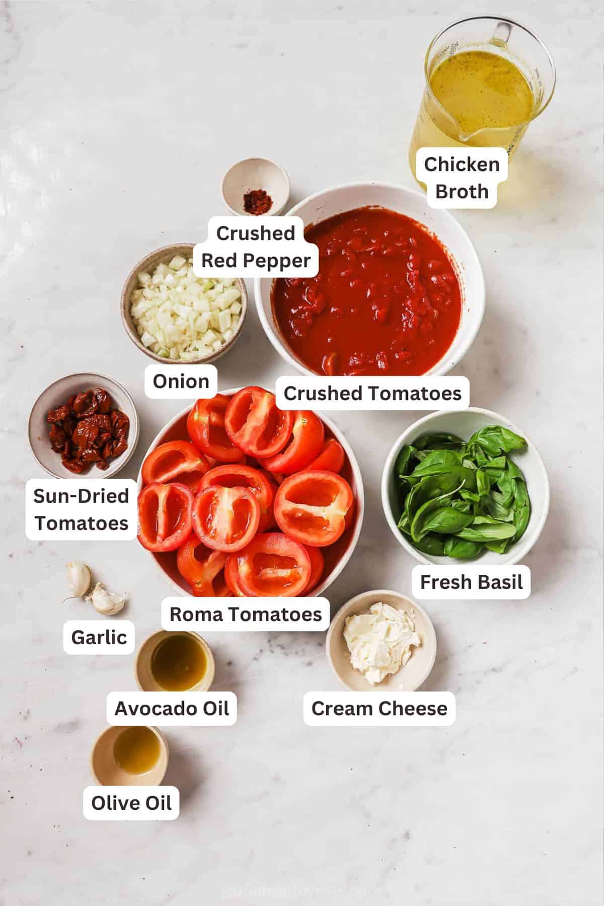 Ingredients for Creamy Tomato Basil Soup.