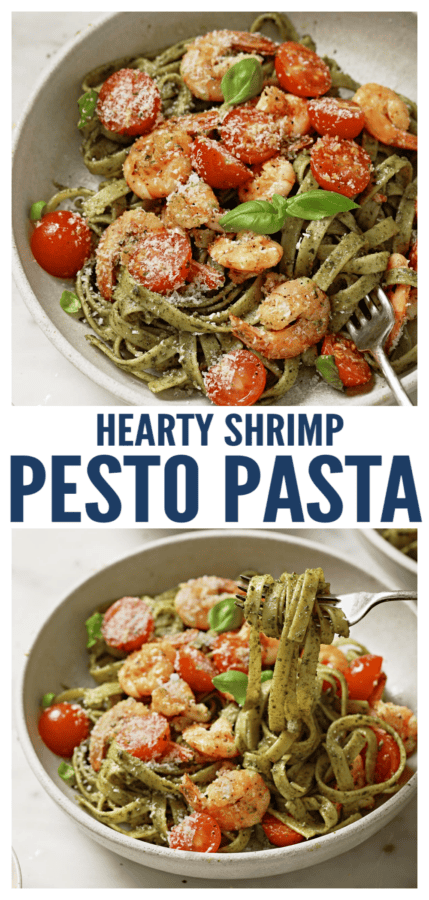 pinterest image for Shrimp and Pesto Pasta