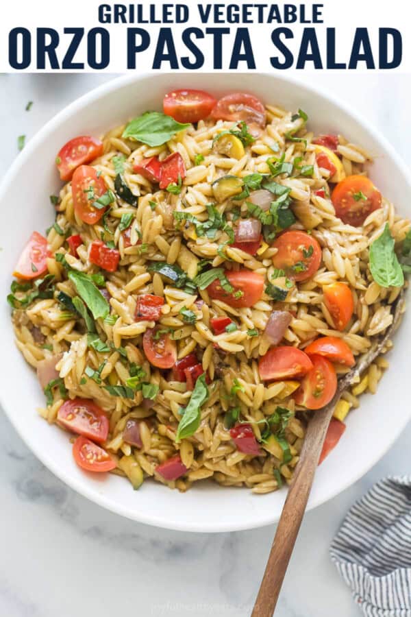 pinterest image for Grilled Vegetable Orzo Pasta Salad