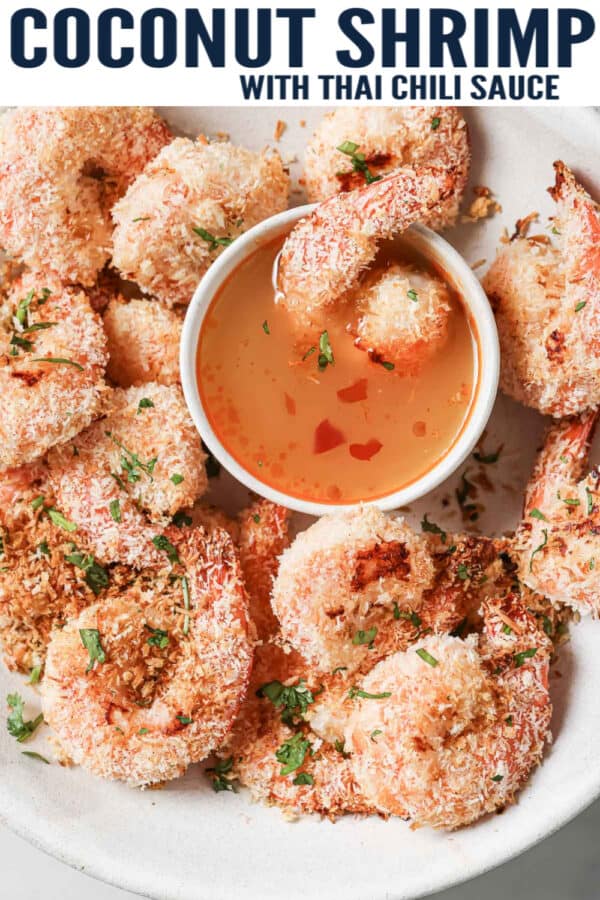 pinterest image for Coconut Shrimp with Thai Chili Sauce