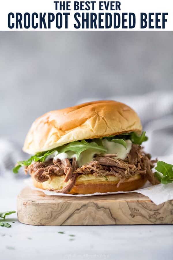 pinterest image for Crockpot Shredded Beef Sandwiches