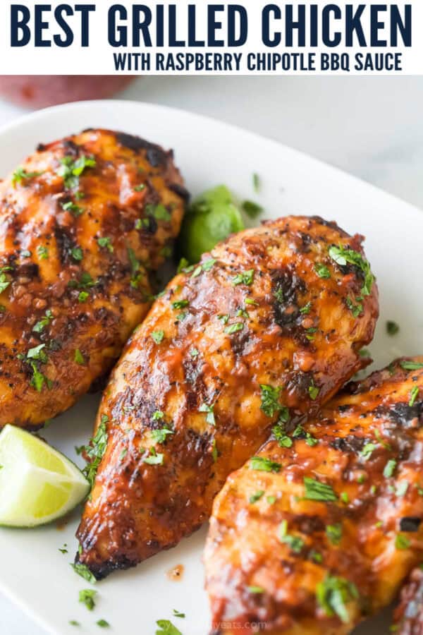 pinterest image for grilled chicken with raspberry bbq sauce