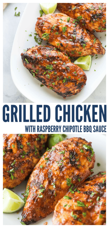 pinterest image for Grilled Chicken with Raspberry BBQ Sauce