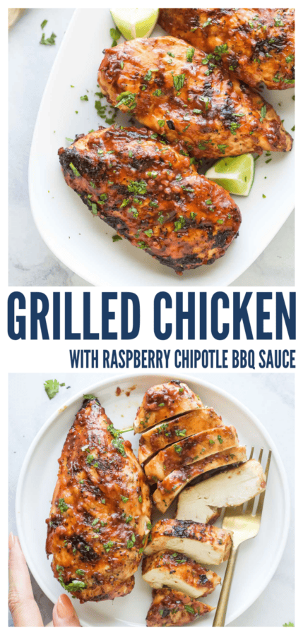 pinterest image for Grilled Chicken with Raspberry BBQ Sauce