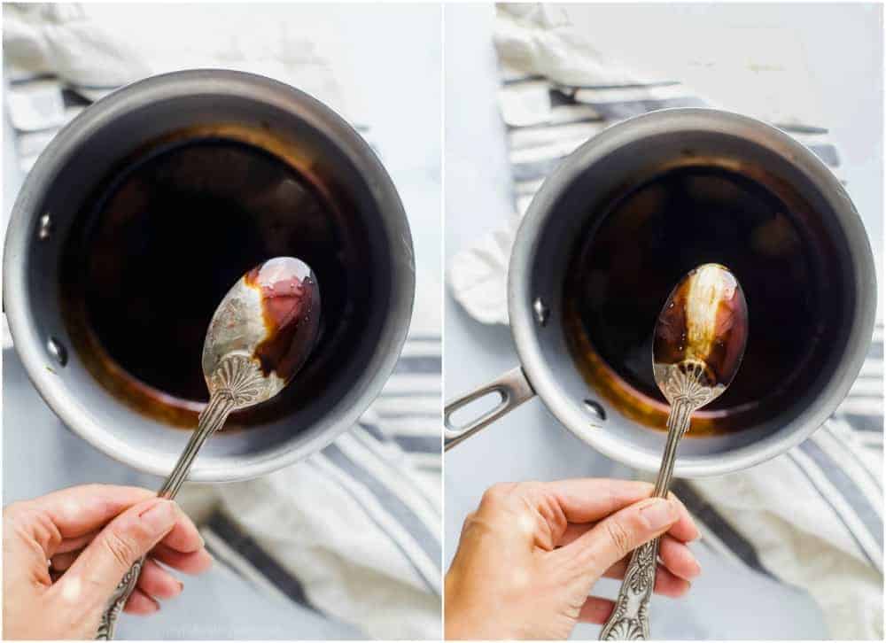 Balsamic vinegar coating the back of a spoon.