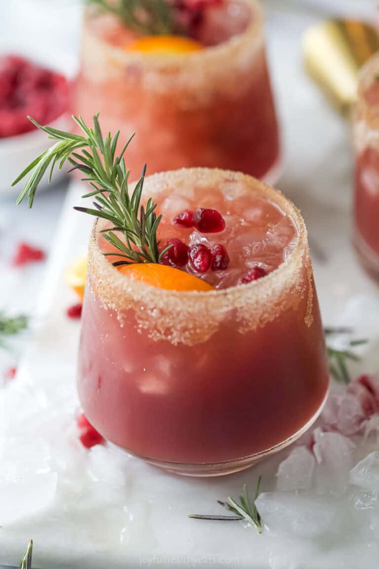 Close-up of a Christmas margarita with a cinnamon-sugar rim.