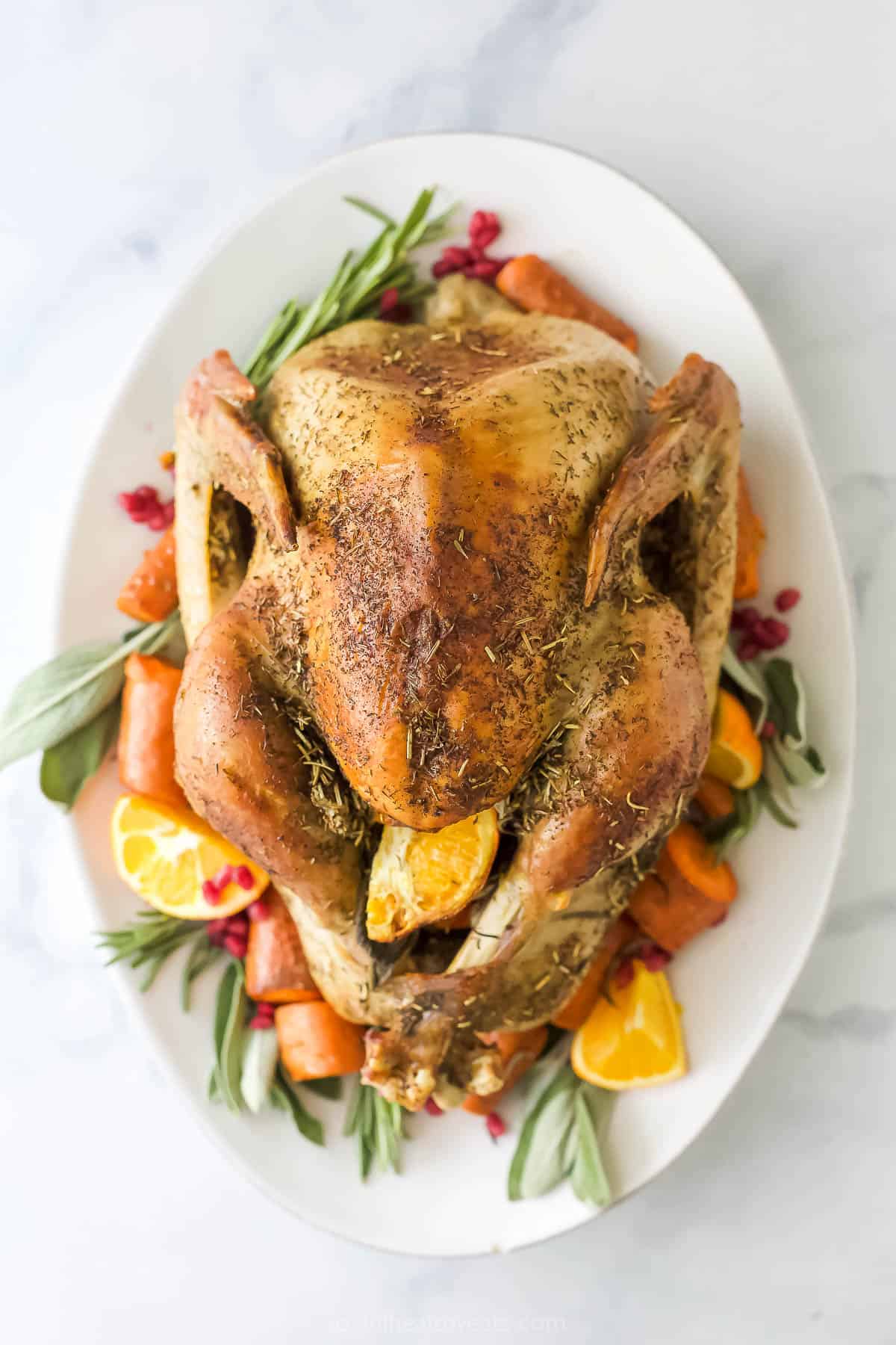 Dry-roasted brine turkey with crispy, golden skin on a serving plate.