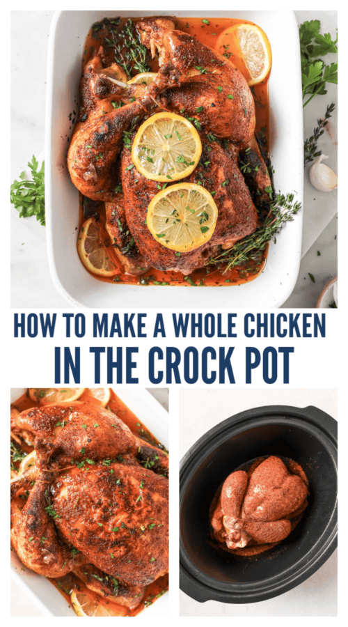 Pinterest image for how to make a whole chicken in the crock pot