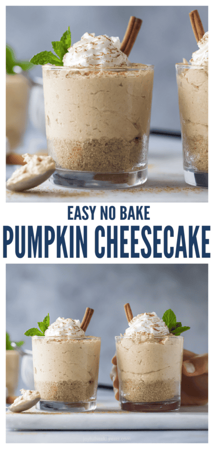 pinterest image for no bake pumpkin cheesecake with graham cracker crust