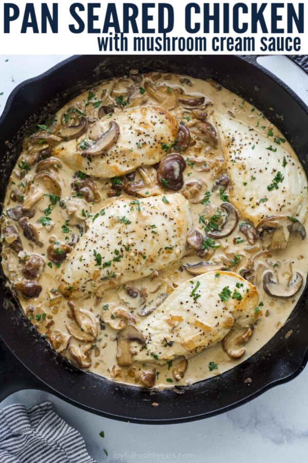 pinterest image for Pan Seared Chicken with Mushroom Sauce