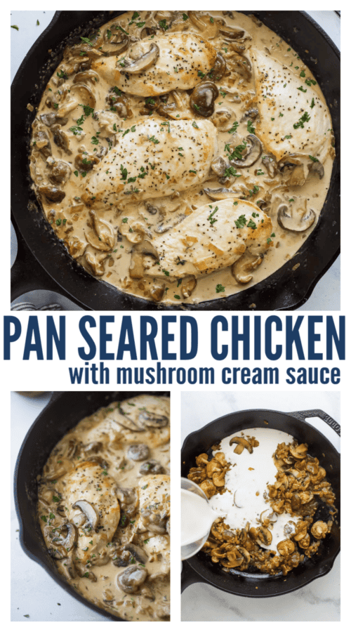 Pinterest image for pan seared chicken with mushroom sauce