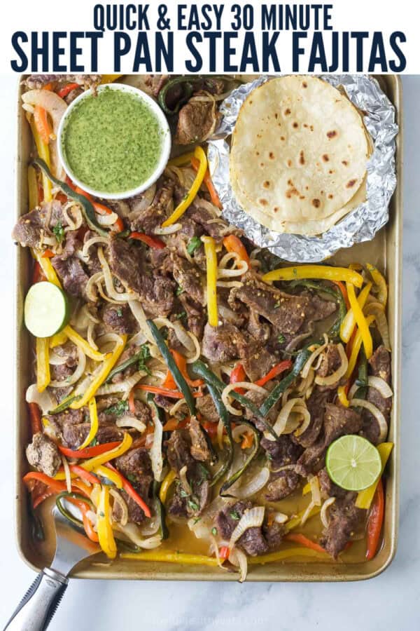 pinterest image for Sheet Pan Steak Fajitas