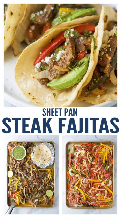 pinterest image for sheet pan steak fajitas