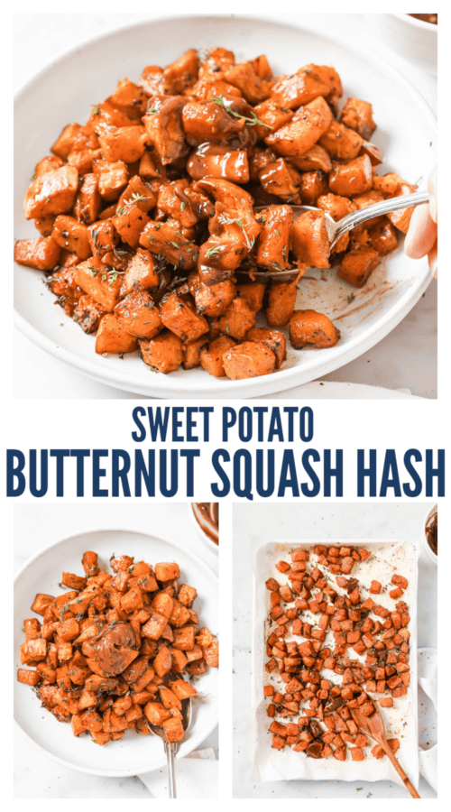 Pinterest images for butternut squash and sweet potato hash