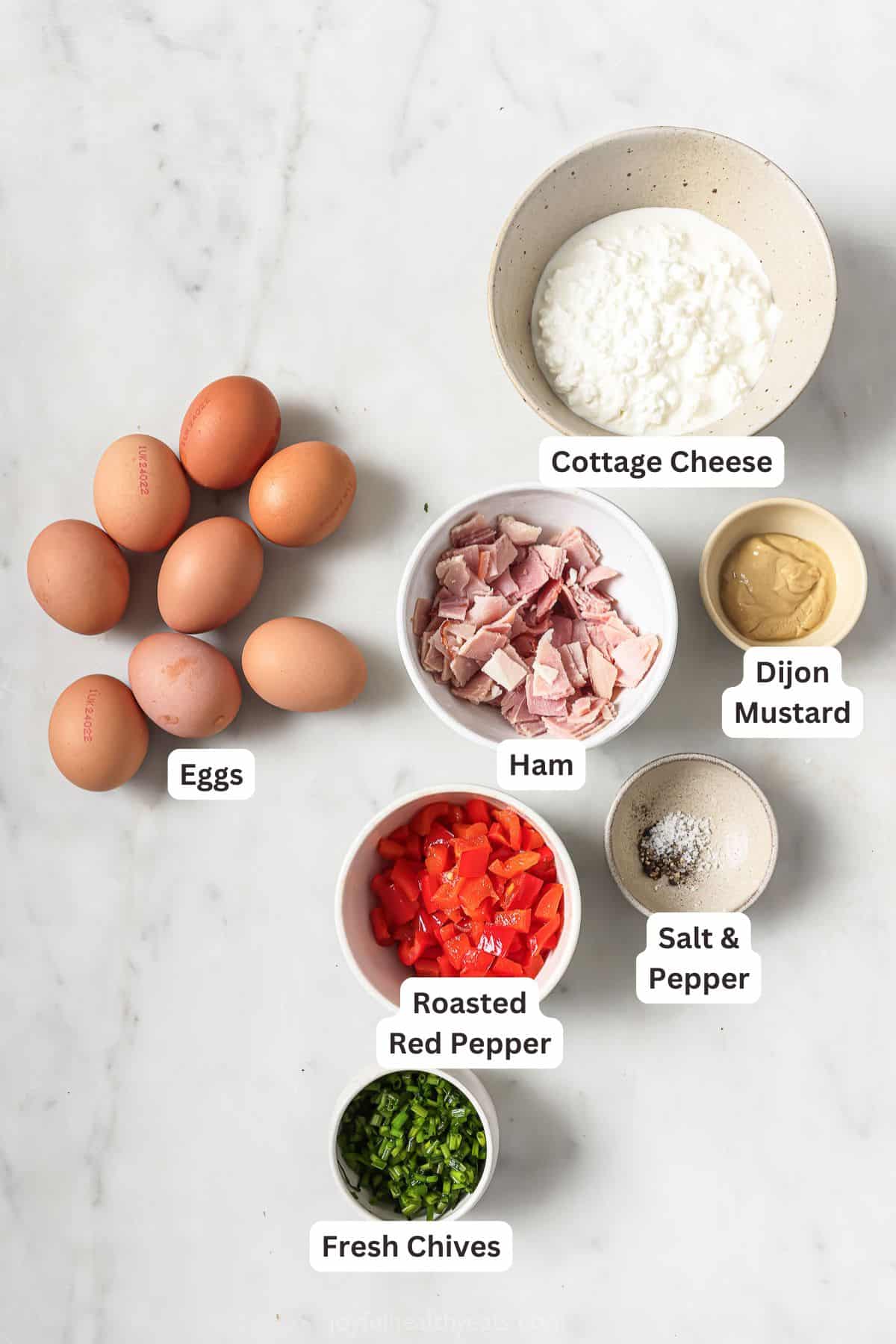 Labeled ingredients for making cottage cheese egg bites. 