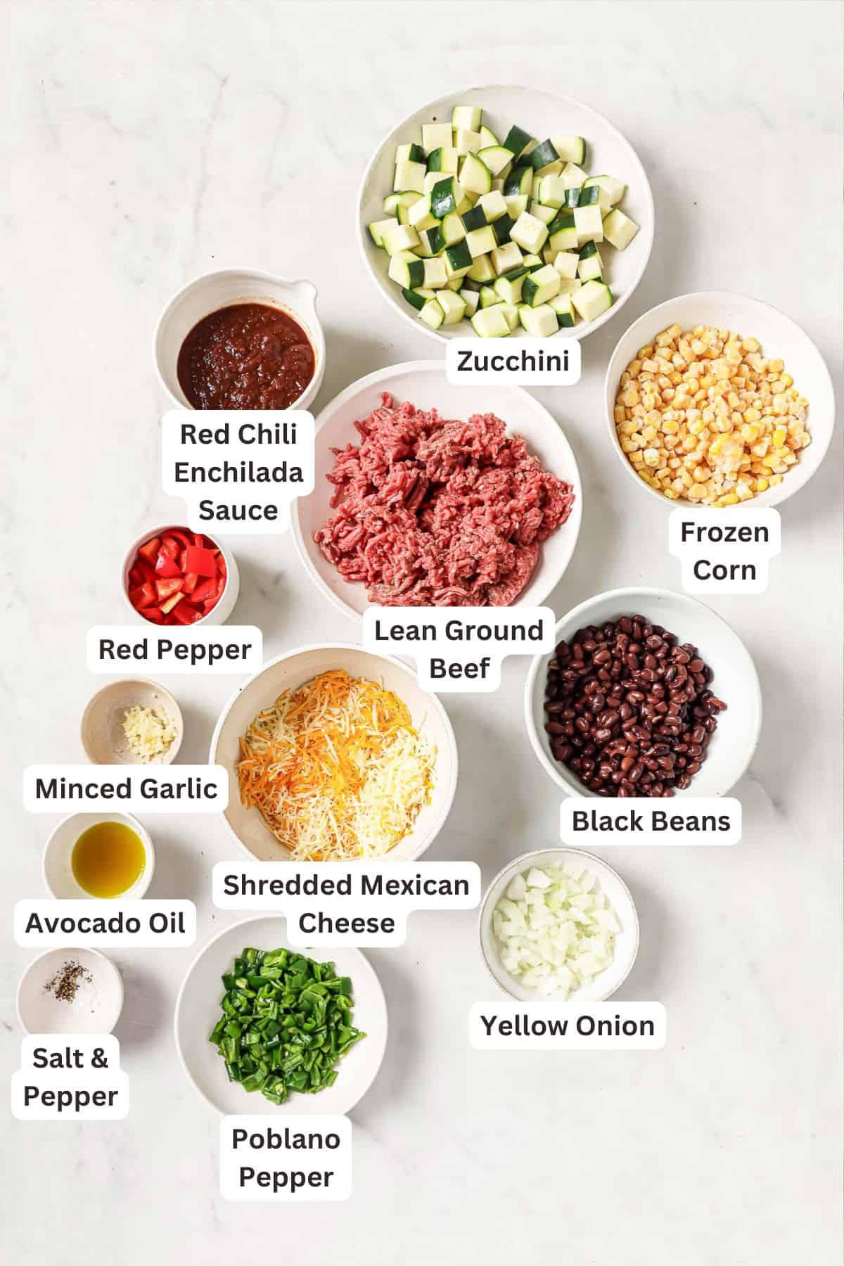 Labeled ingredients for ground beef and zucchini. 