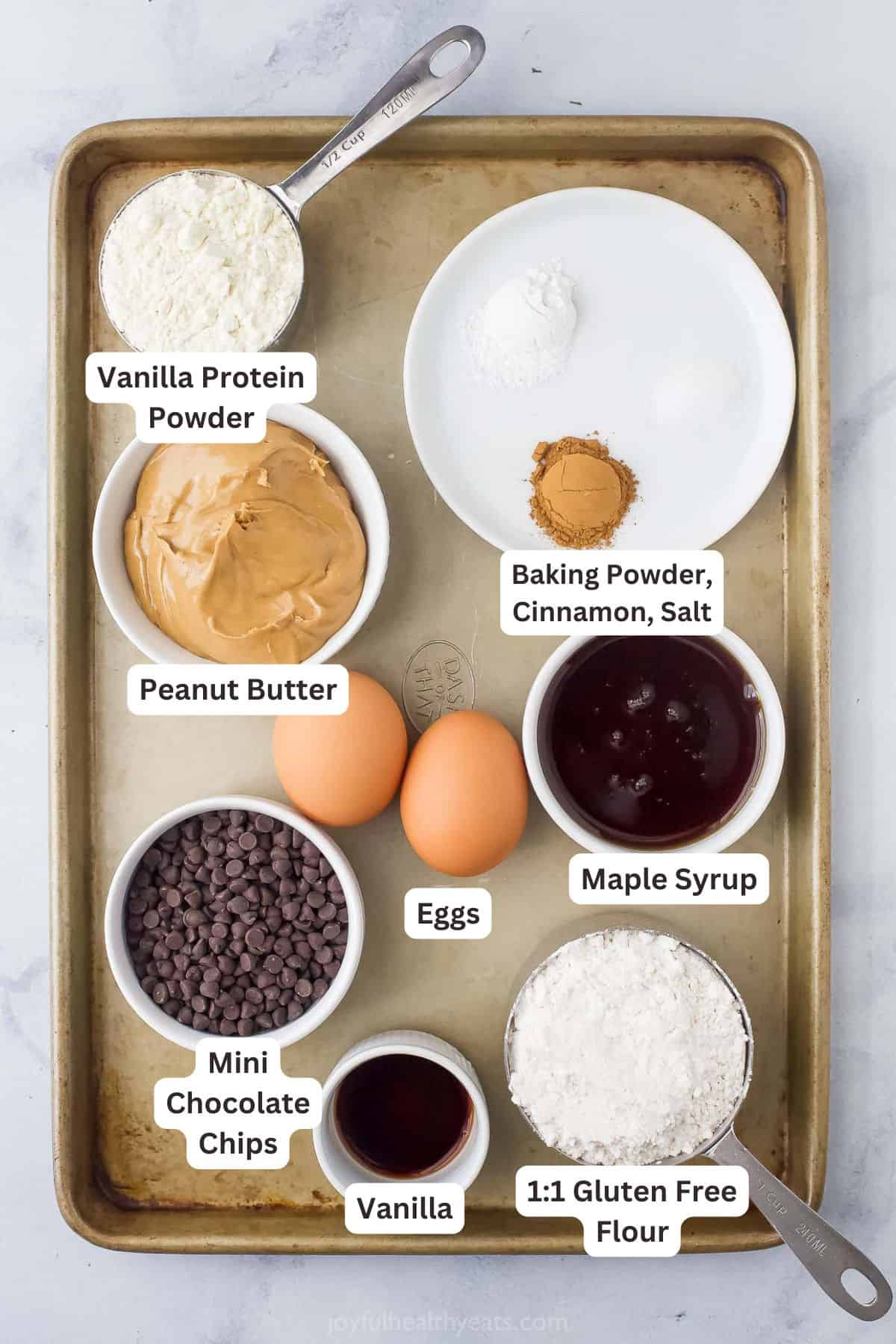 Labeled ingredients for making protein muffins. 