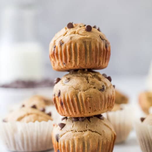 A stack of three, fluffy protein muffins.