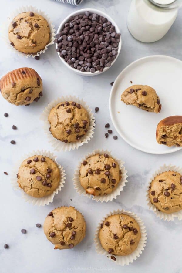 Peanut butter-vanilla protein muffins with chocolate chips on the counter.