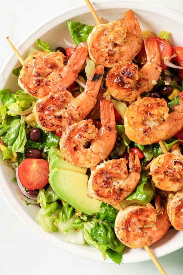 Close-up of the chipotle-marinated shrimp salad in a bowl.