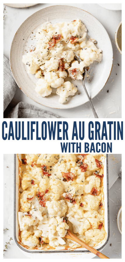 pinterest image for Bacon Cauliflower Au Gratin