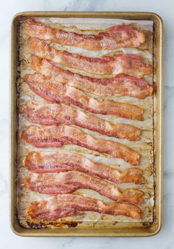 A tray of freshly baked bacon.