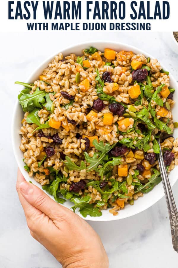 pinterest image for Warm Farro Salad with Maple Dijon Dressing