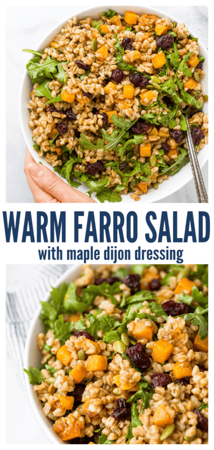 pinterest image for Warm Farro Salad with Maple Dijon Dressing